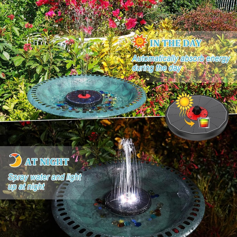 GAIZERL Solar Fountain Upgrade, 3.5W Solar Birdbath Fountains with White Lights, Glass Panel, 2200mAh Battery, Hummingbird Water Fountains with 8 Spray Modes & 4 Fixed Pipes for Garden, Pool, Pond - Image 2